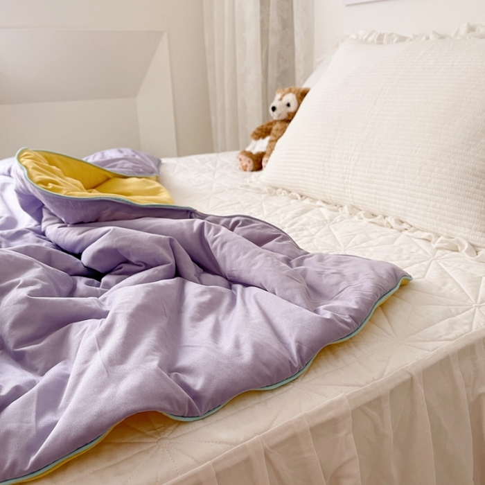 91家纺网 家纺一手货源 找家纺 星期八 2021新款马卡龙大豆针织棉夏被 黄-紫