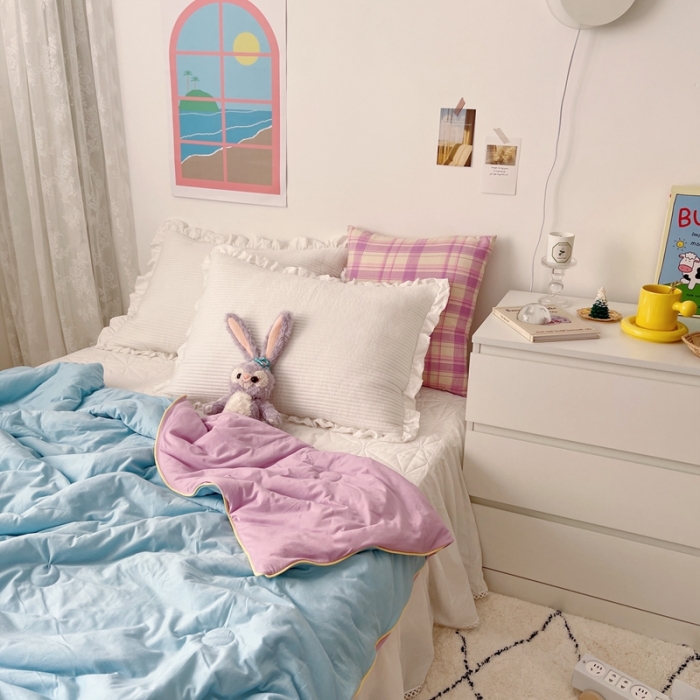 91家纺网 家纺一手货源 找家纺 星期八 2021新款马卡龙大豆针织棉夏被 粉紫-蓝