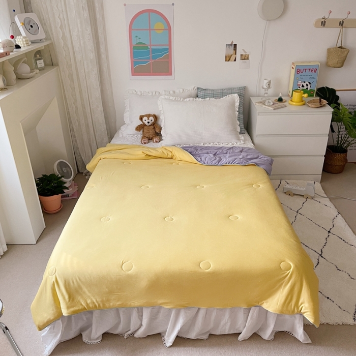 91家纺网 家纺一手货源 找家纺 星期八 2021新款马卡龙大豆针织棉夏被 黄-紫