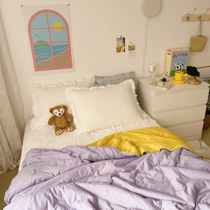 91家纺网 家纺一手货源 找家纺 星期八 2021新款马卡龙大豆针织棉夏被 黄-紫