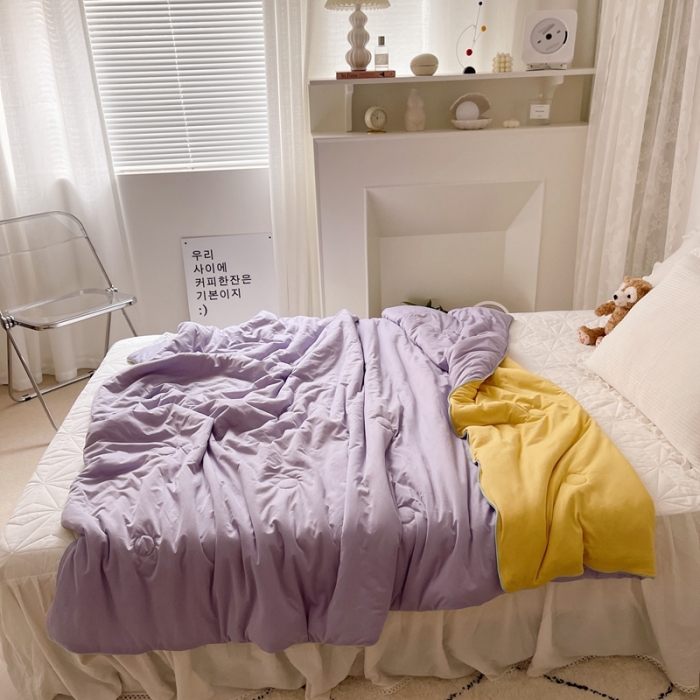 91家纺网 家纺一手货源 找家纺 星期八 2021新款马卡龙大豆针织棉夏被 黄-紫