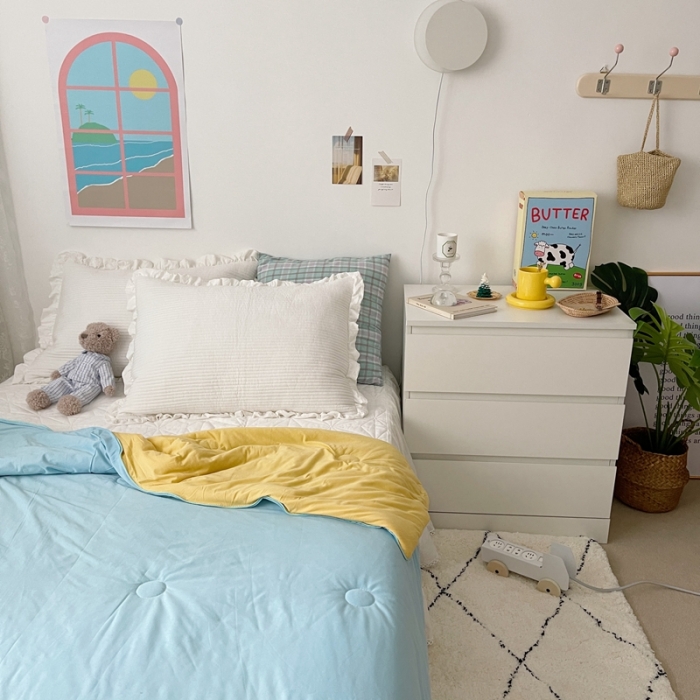 91家纺网 家纺一手货源 找家纺 星期八 2021新款马卡龙大豆针织棉夏被 蓝-黄