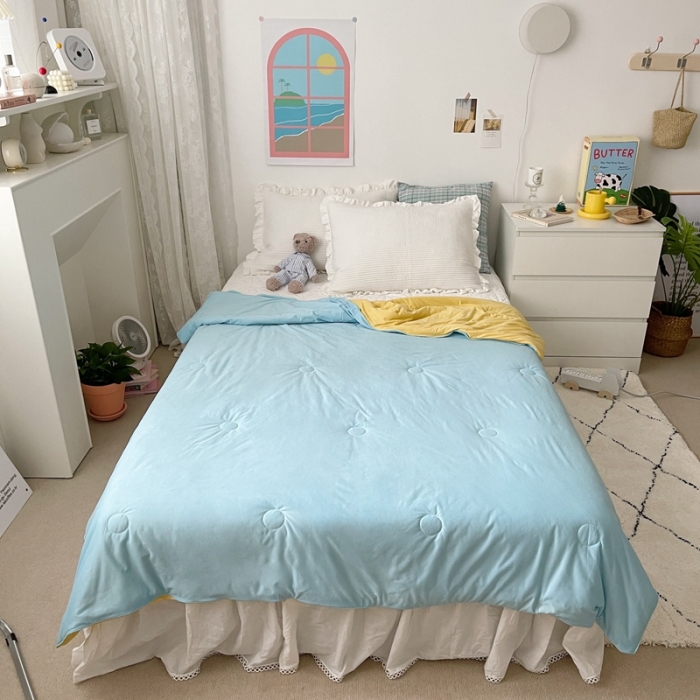 91家纺网 家纺一手货源 找家纺 星期八 2021新款马卡龙大豆针织棉夏被 蓝-黄