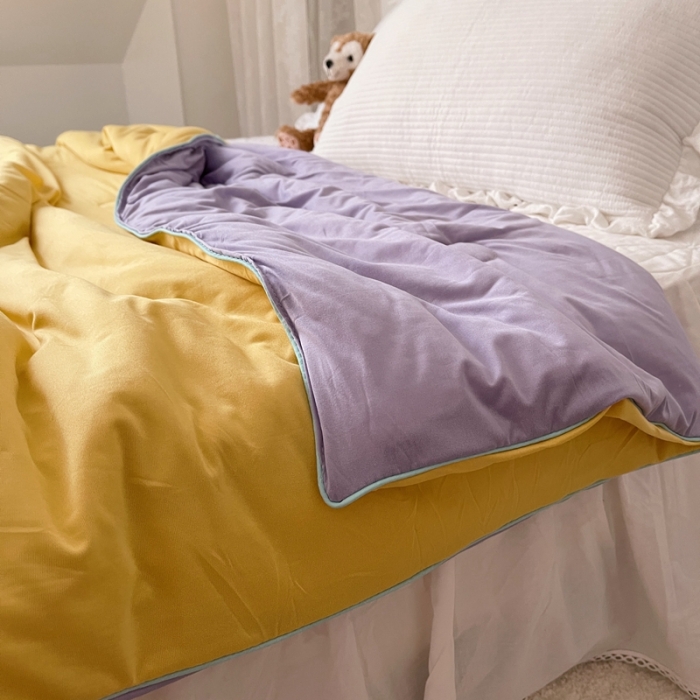 91家纺网 家纺一手货源 找家纺 星期八 2021新款马卡龙大豆针织棉夏被 黄-紫