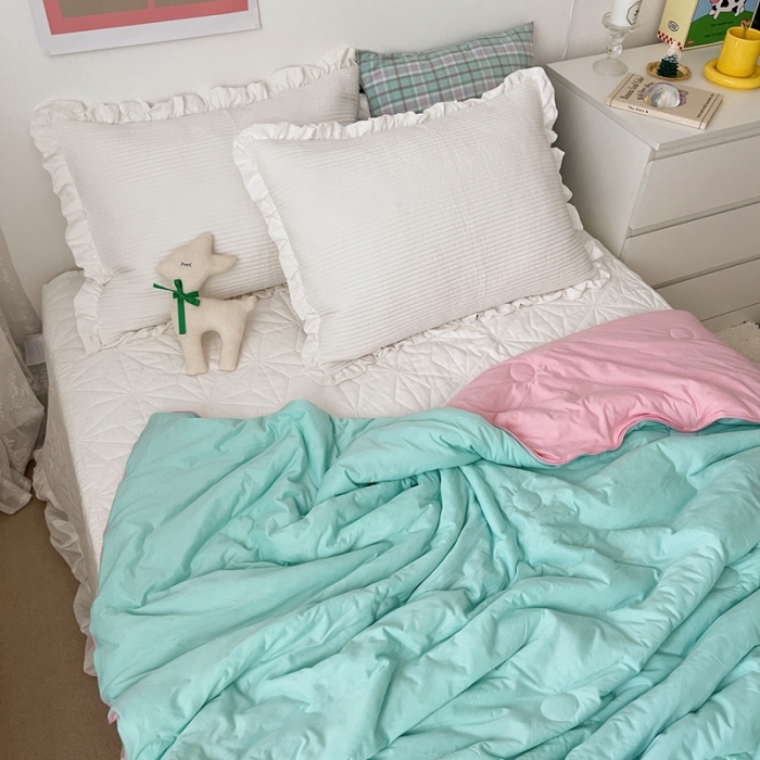 91家纺网 家纺一手货源 找家纺 星期八 2021新款马卡龙大豆针织棉夏被 绿-粉