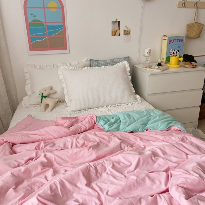 91家纺网 家纺一手货源 找家纺 星期八 2021新款马卡龙大豆针织棉夏被 绿-粉