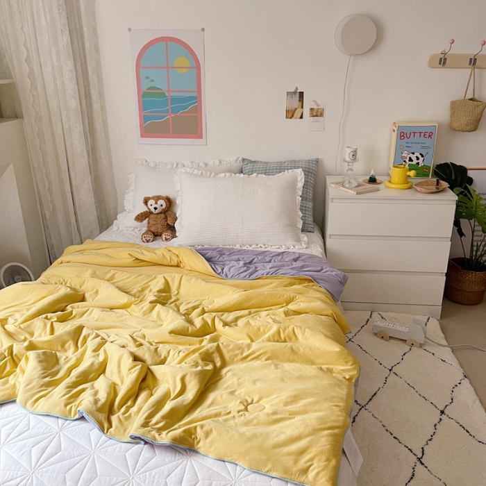 91家纺网 家纺一手货源 找家纺 星期八 2021新款马卡龙大豆针织棉夏被 黄-紫