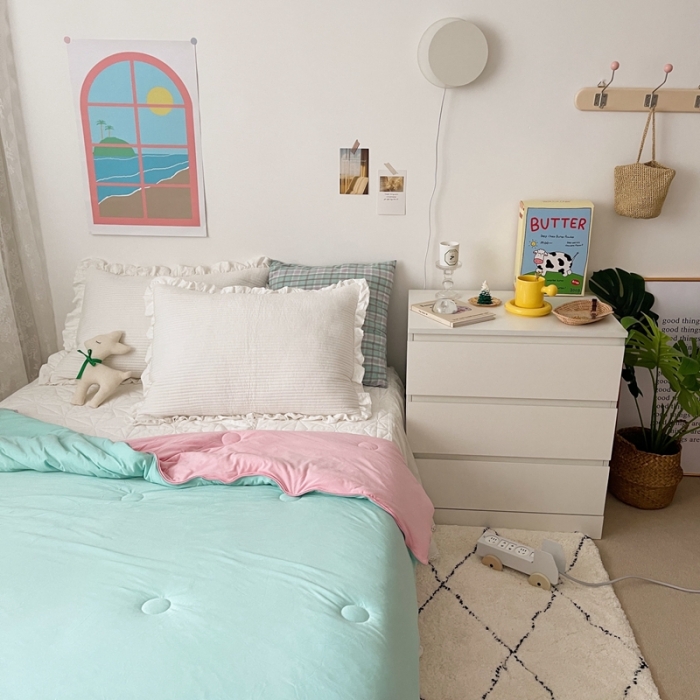 91家纺网 家纺一手货源 找家纺 星期八 2021新款马卡龙大豆针织棉夏被 绿-粉