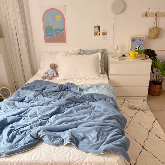 91家纺网 家纺一手货源 找家纺 星期八 2021新款马卡龙大豆针织棉夏被 深蓝-浅蓝