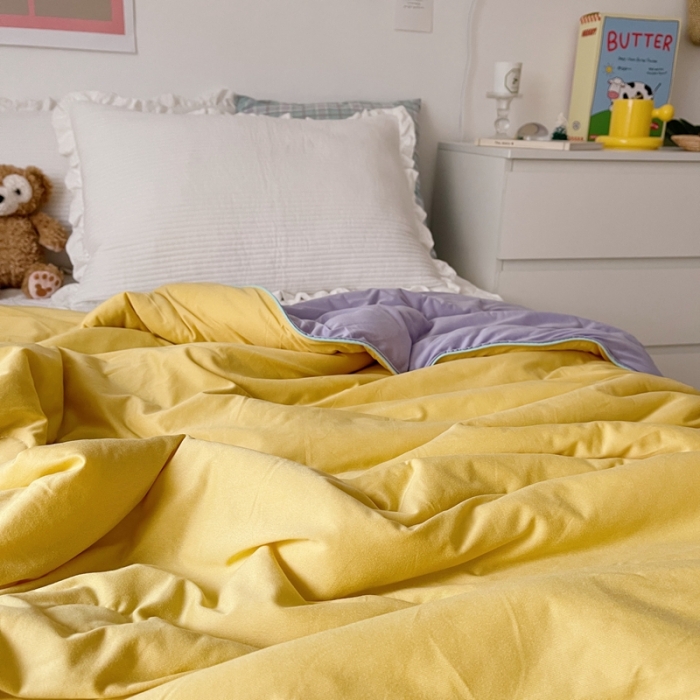 91家纺网 家纺一手货源 找家纺 星期八 2021新款马卡龙大豆针织棉夏被 黄-紫