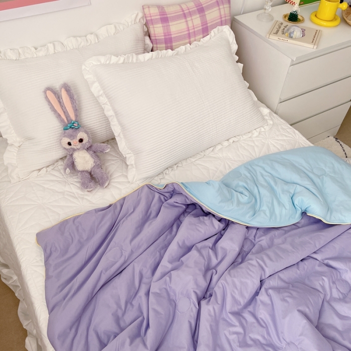 91家纺网 家纺一手货源 找家纺 星期八 2021新款马卡龙大豆针织棉夏被 紫-蓝