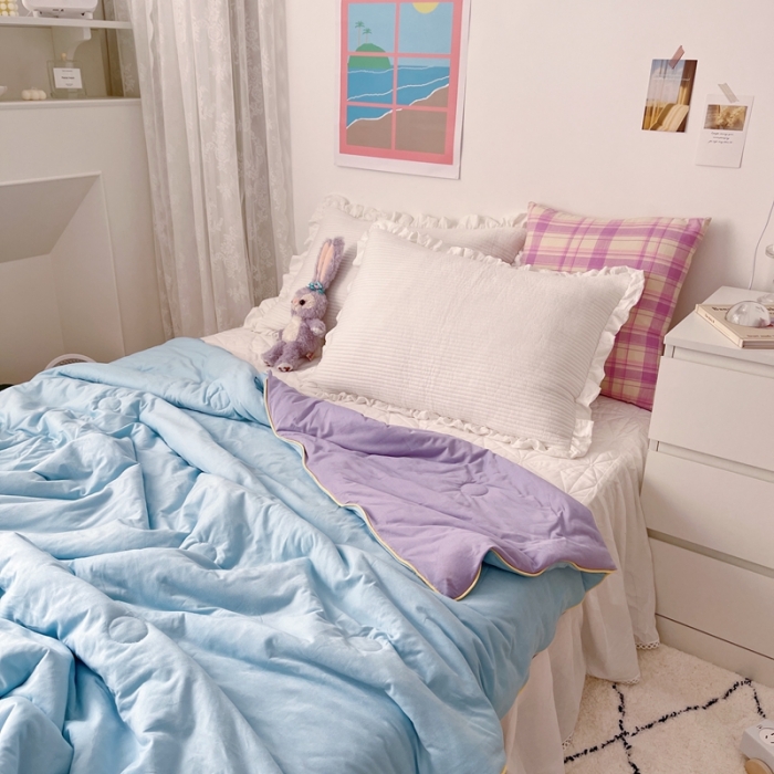 91家纺网 家纺一手货源 找家纺 星期八 2021新款马卡龙大豆针织棉夏被 紫-蓝