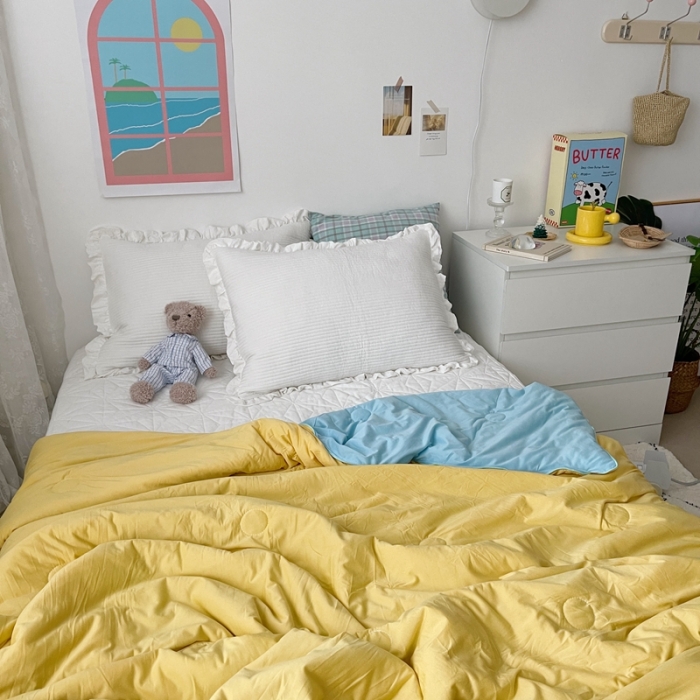 91家纺网 家纺一手货源 找家纺 星期八 2021新款马卡龙大豆针织棉夏被 蓝-黄