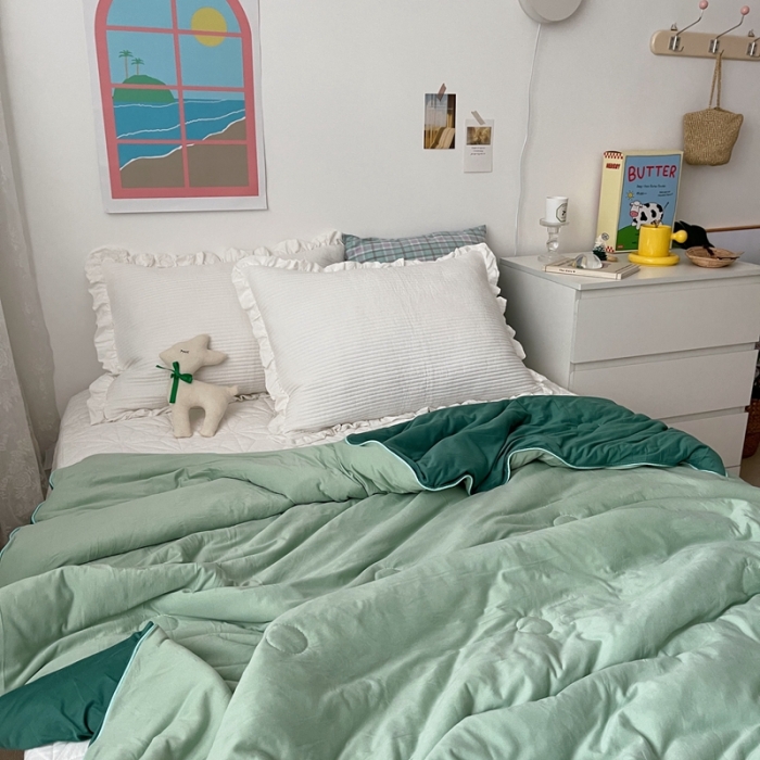 91家纺网 家纺一手货源 找家纺 星期八 2021新款马卡龙大豆针织棉夏被 深绿-浅绿