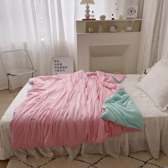 91家纺网 家纺一手货源 找家纺 星期八 2021新款马卡龙大豆针织棉夏被 绿-粉