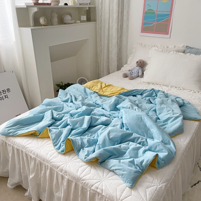 91家纺网 家纺一手货源 找家纺 星期八 2021新款马卡龙大豆针织棉夏被 蓝-黄