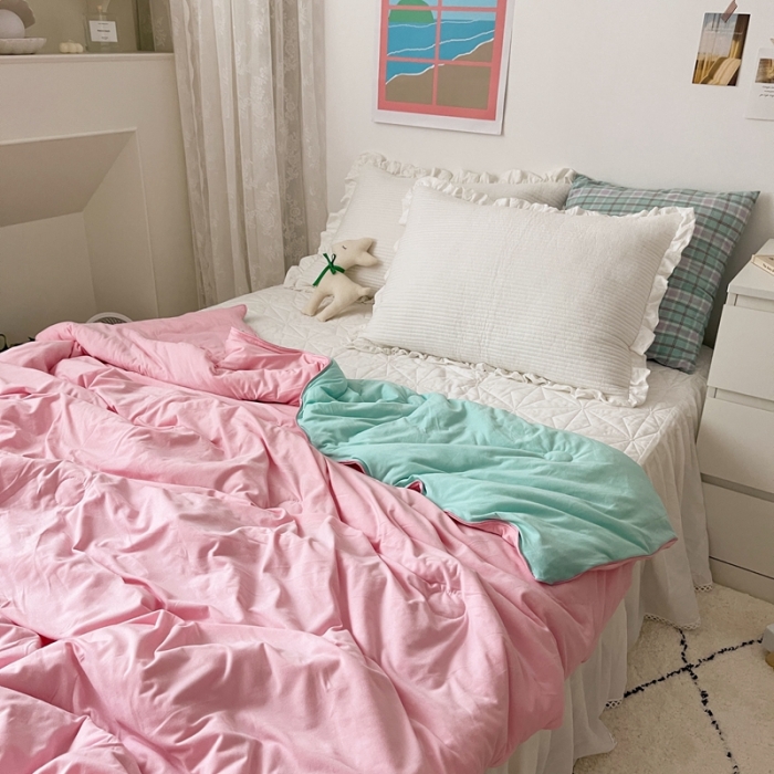 91家纺网 家纺一手货源 找家纺 星期八 2021新款马卡龙大豆针织棉夏被 绿-粉