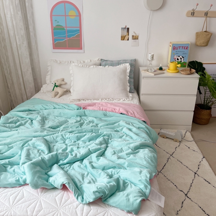 91家纺网 家纺一手货源 找家纺 星期八 2021新款马卡龙大豆针织棉夏被 绿-粉