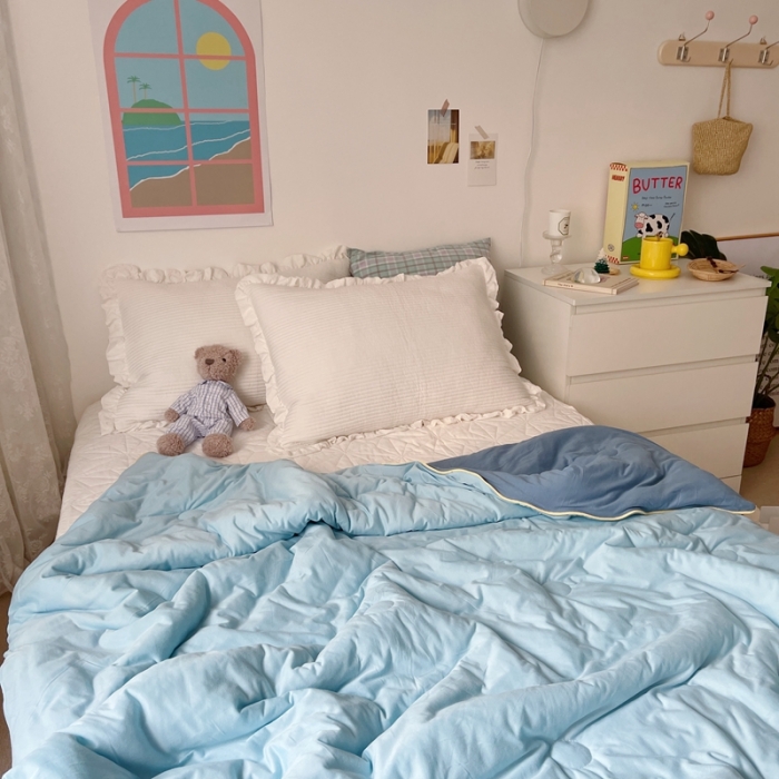 91家纺网 家纺一手货源 找家纺 星期八 2021新款马卡龙大豆针织棉夏被 深蓝-浅蓝