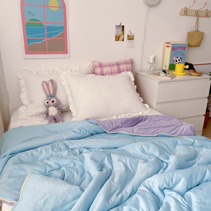 91家纺网 家纺一手货源 找家纺 星期八 2021新款马卡龙大豆针织棉夏被 紫-蓝