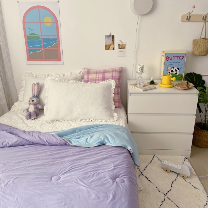 91家纺网 家纺一手货源 找家纺 星期八 2021新款马卡龙大豆针织棉夏被 紫-蓝