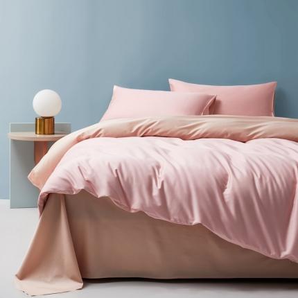 91家纺网 家纺一手货源 找家纺 顾家家居 2023新款60长绒棉双拼四件套 魅力粉+朝曦金