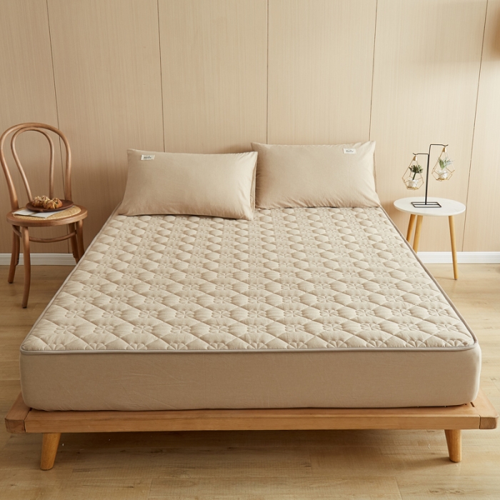 91家纺网 家纺一手货源 找家纺 优眠坊 2025新款全棉色织水洗棉夹棉床笠 卡其