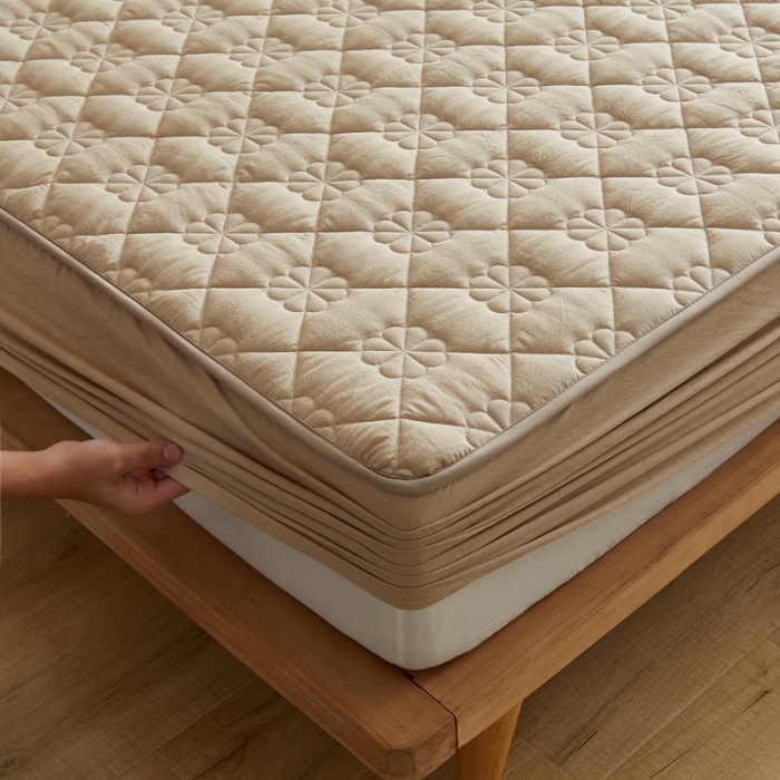 91家纺网 家纺一手货源 找家纺 优眠坊 2025新款全棉色织水洗棉夹棉床笠 卡其