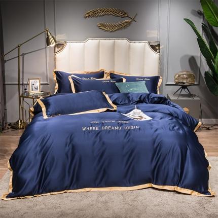 91家纺网 家纺一手货源 找家纺 2022简爱水洗天丝绣花四件套水洗真丝三件套 宝蓝