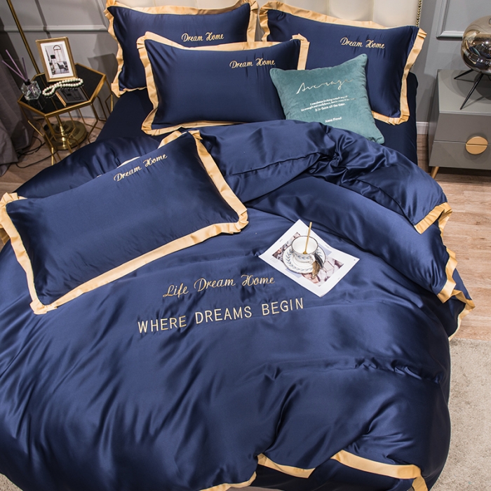 91家纺网 家纺一手货源 找家纺 2022简爱水洗天丝绣花四件套水洗真丝三件套 宝蓝