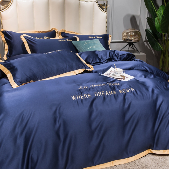 91家纺网 家纺一手货源 找家纺 2022简爱水洗天丝绣花四件套水洗真丝三件套 宝蓝