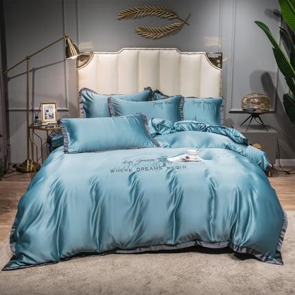 91家纺网 家纺一手货源 找家纺 2022简爱水洗天丝绣花四件套水洗真丝三件套 湖蓝