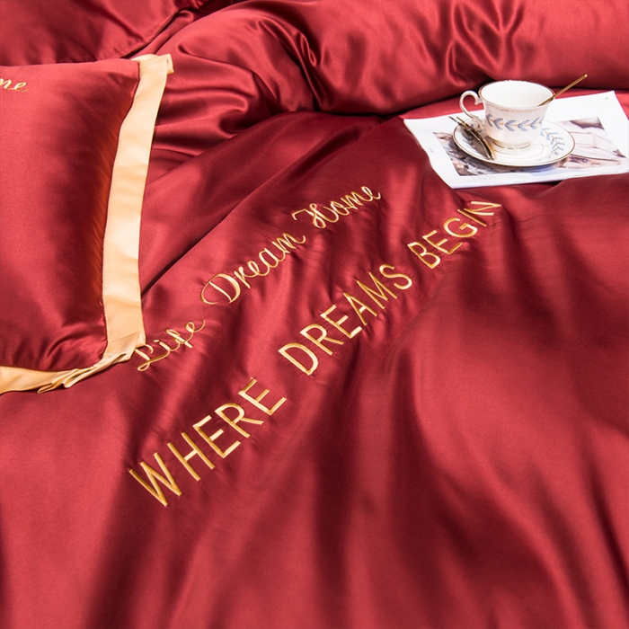 91家纺网 家纺一手货源 找家纺 2022简爱水洗天丝绣花四件套水洗真丝三件套 酒红