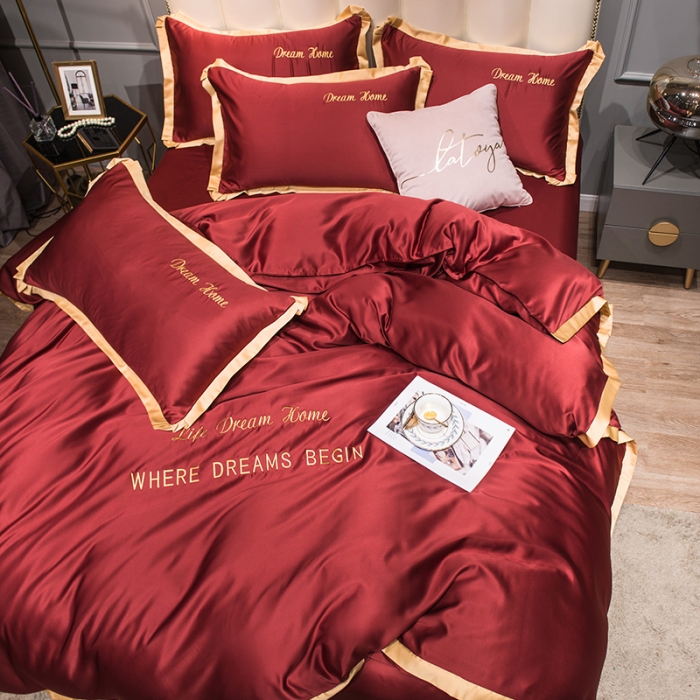 91家纺网 家纺一手货源 找家纺 2022简爱水洗天丝绣花四件套水洗真丝三件套 酒红