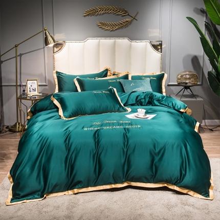 91家纺网 家纺一手货源 找家纺 2022简爱水洗天丝绣花四件套水洗真丝三件套 墨绿