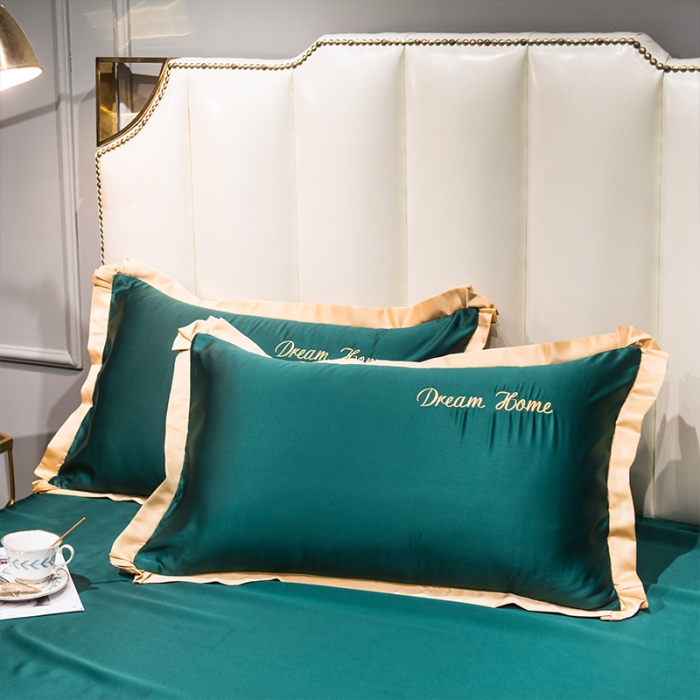 91家纺网 家纺一手货源 找家纺 2022简爱水洗天丝绣花四件套水洗真丝三件套 墨绿