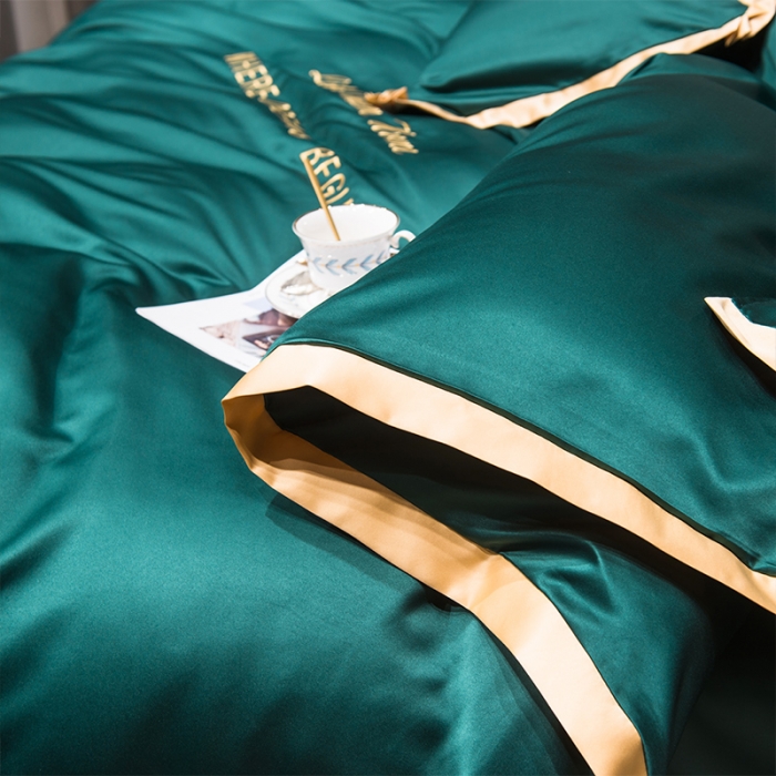 91家纺网 家纺一手货源 找家纺 2022简爱水洗天丝绣花四件套水洗真丝三件套 墨绿