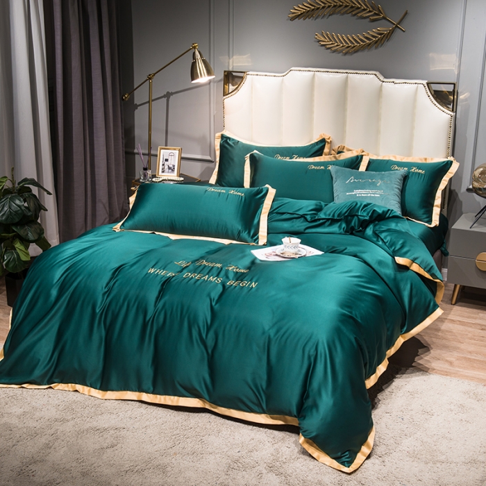 91家纺网 家纺一手货源 找家纺 2022简爱水洗天丝绣花四件套水洗真丝三件套 墨绿