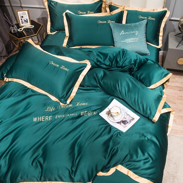 91家纺网 家纺一手货源 找家纺 2022简爱水洗天丝绣花四件套水洗真丝三件套 墨绿