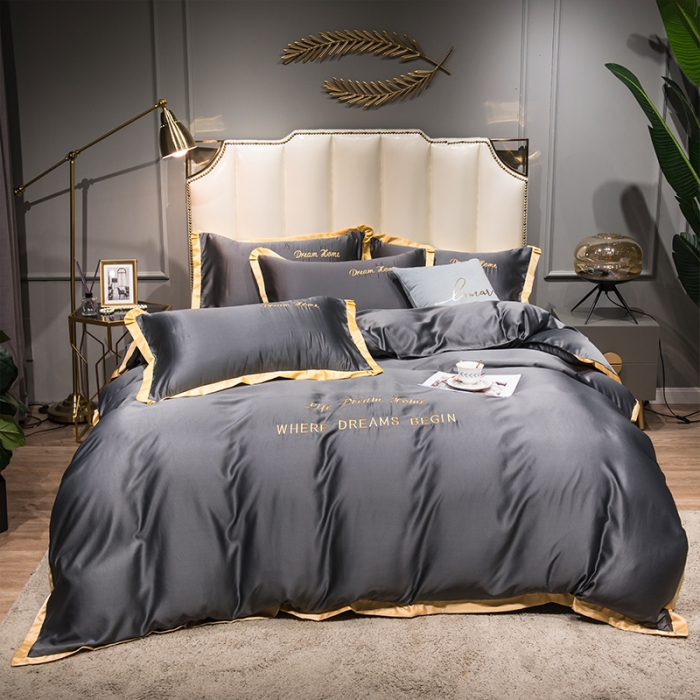 91家纺网 家纺一手货源 找家纺 2022简爱水洗天丝绣花四件套水洗真丝三件套 深灰