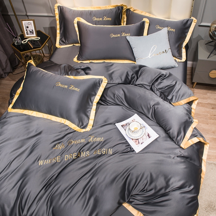 91家纺网 家纺一手货源 找家纺 2022简爱水洗天丝绣花四件套水洗真丝三件套 深灰