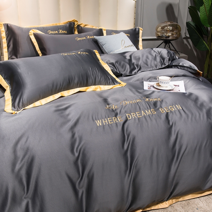 91家纺网 家纺一手货源 找家纺 2022简爱水洗天丝绣花四件套水洗真丝三件套 深灰