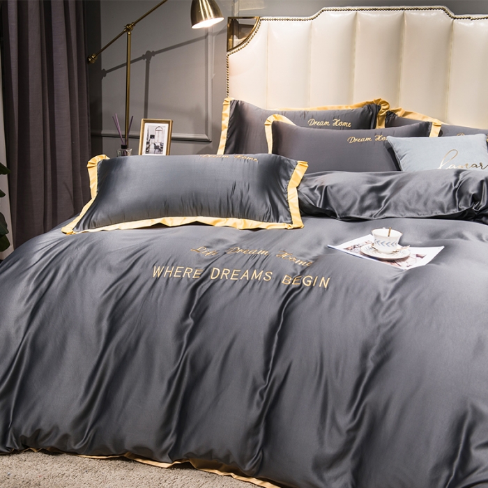 91家纺网 家纺一手货源 找家纺 2022简爱水洗天丝绣花四件套水洗真丝三件套 深灰