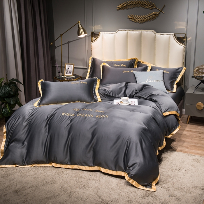 91家纺网 家纺一手货源 找家纺 2022简爱水洗天丝绣花四件套水洗真丝三件套 深灰