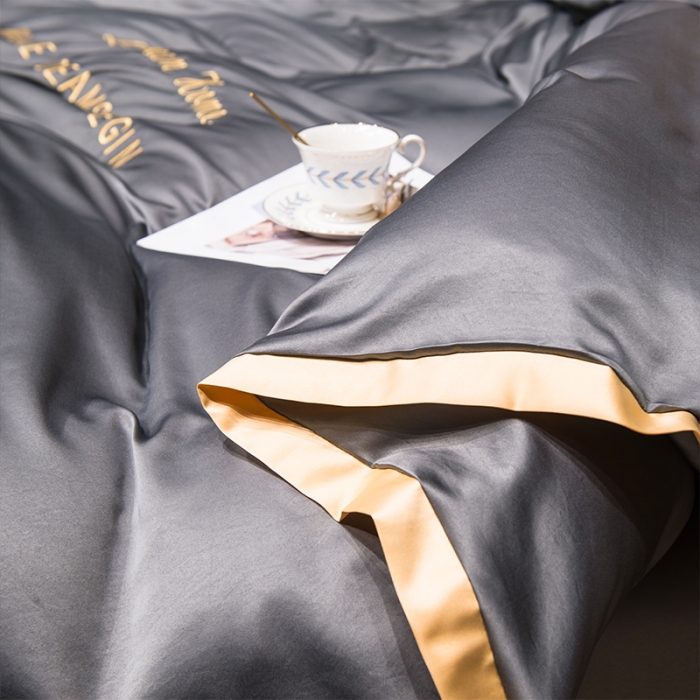 91家纺网 家纺一手货源 找家纺 2022简爱水洗天丝绣花四件套水洗真丝三件套 深灰