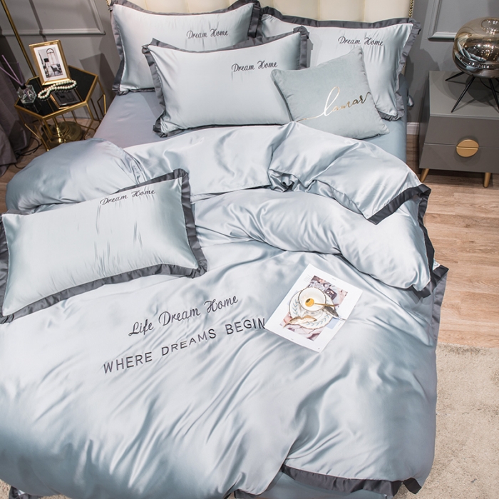 91家纺网 家纺一手货源 找家纺 2022简爱水洗天丝绣花四件套水洗真丝三件套 银灰