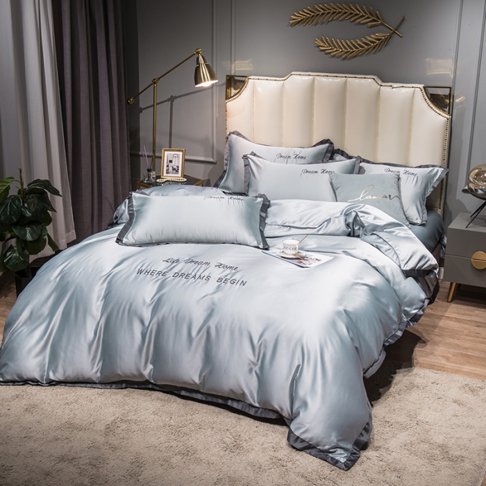 91家纺网 家纺一手货源 找家纺 2022简爱水洗天丝绣花四件套水洗真丝三件套 银灰