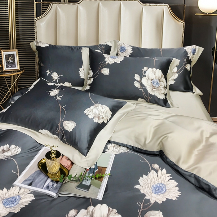 91家纺网 家纺一手货源 找家纺 娇逸 2021新款60支进口兰精天丝数码印花四件套花之溢-灰