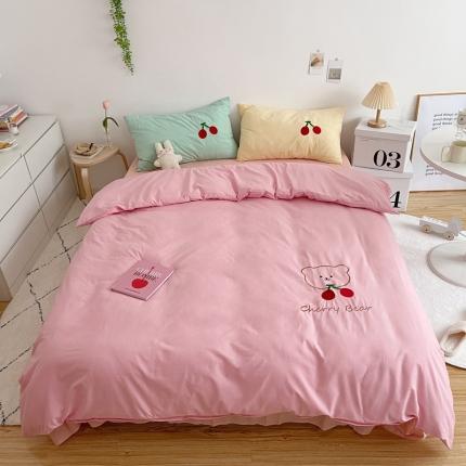 91家纺网 家纺一手货源 找家纺 星期八 2021新款马卡龙趣味水洗棉四件套 樱桃熊