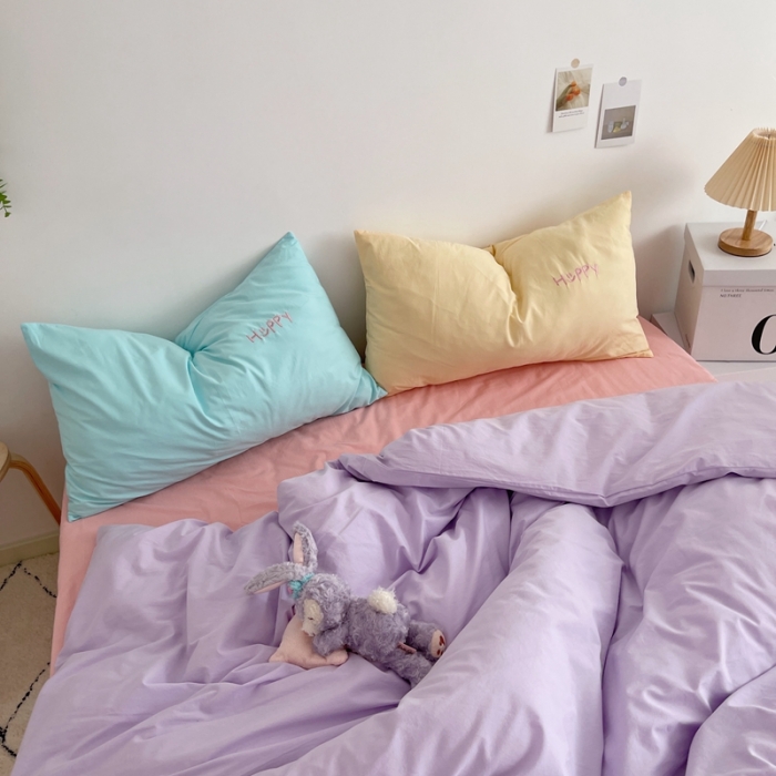 91家纺网 家纺一手货源 找家纺 星期八 2021新款马卡龙趣味水洗棉四件套 Happy！